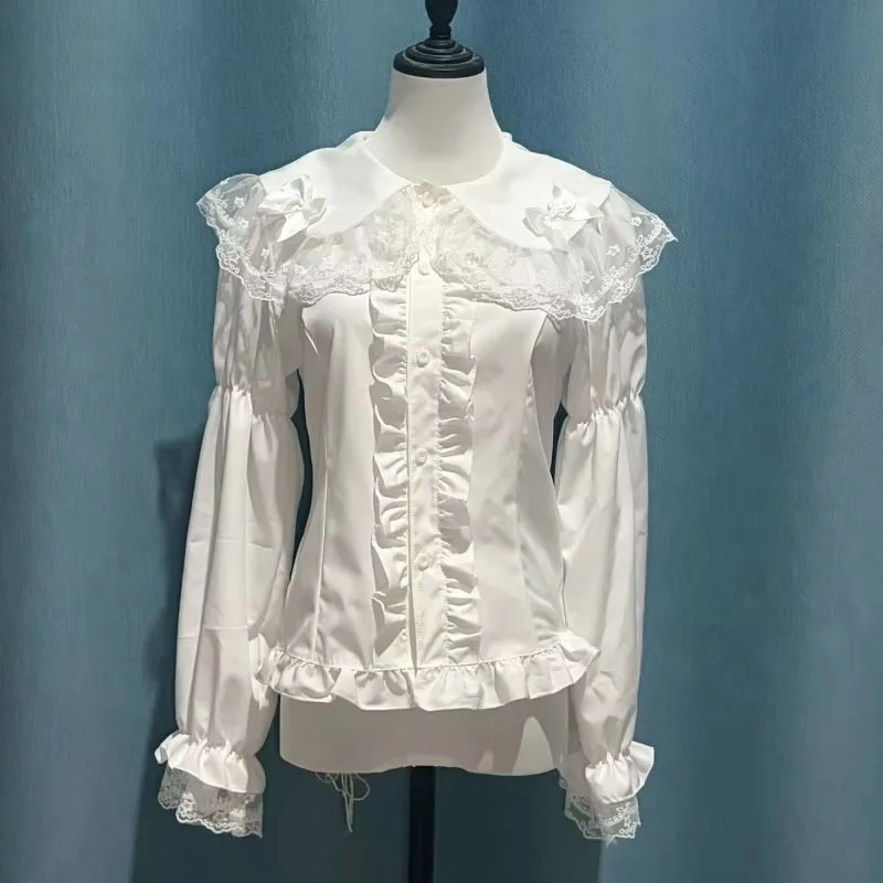 White Shirts Women Lolita Sweet Lace Bow Peter Pan Collar Ruffled Button Up Blouses Autumn New Fashion Y2k Vintage Tops