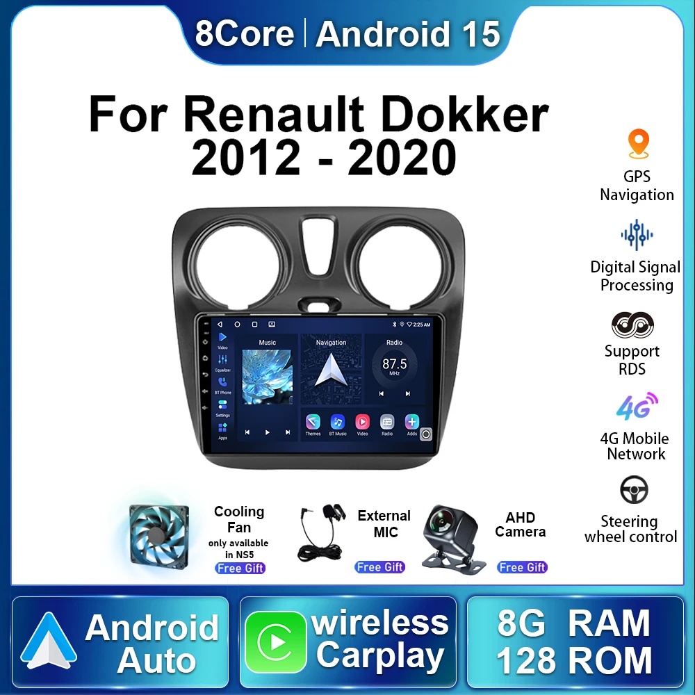 

Автомобильный радиоприемник 5G для Renault Dokker 2012 2013-2020 Android 15 авторадио мультимедийный плеер стерео беспроводной Carplay навигация GPS