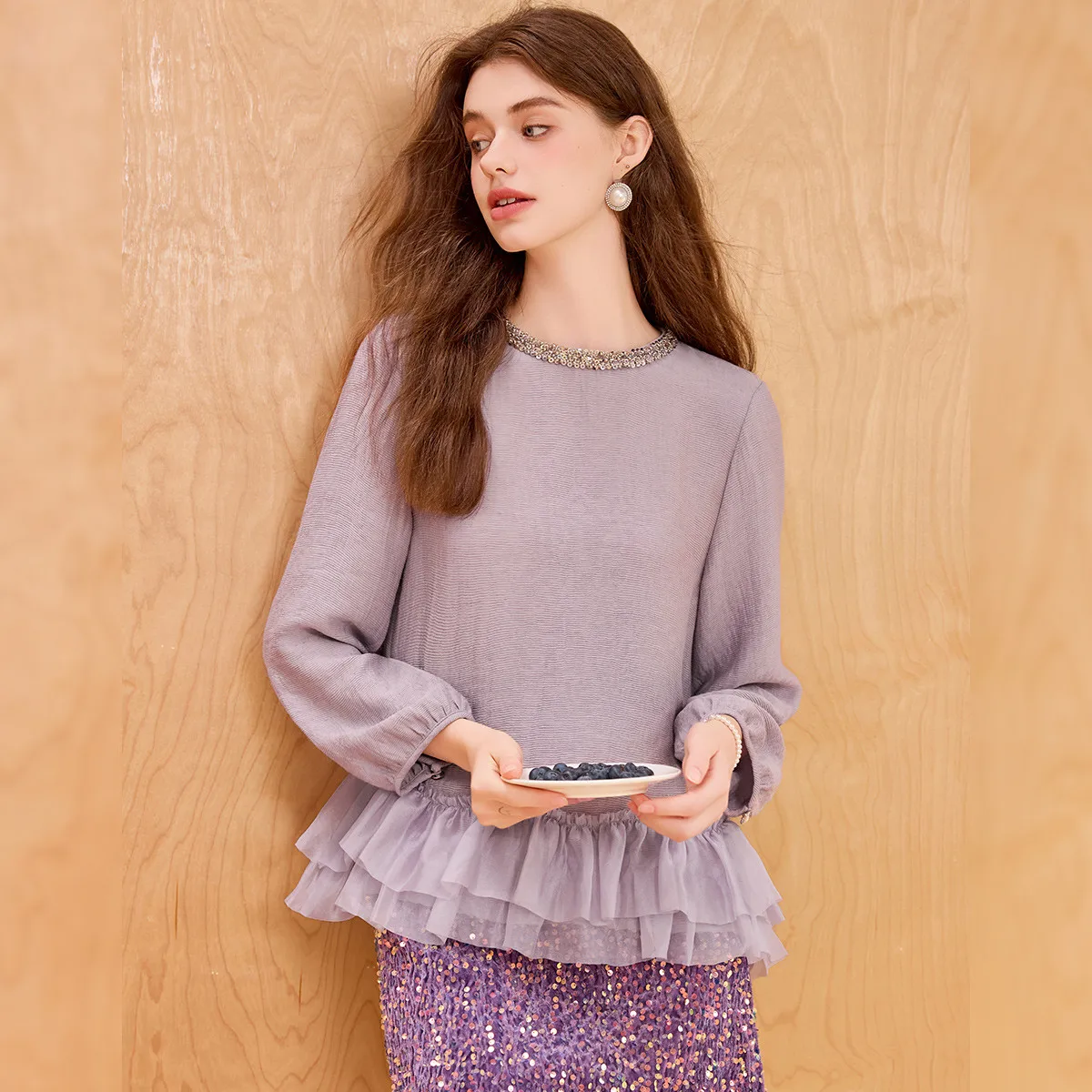 LOUIS YAO Neue Patchwork Plissee Spitze frauen Hemd 2025, Herbst Neue Blusen Rundhals Pullover Langarm Blusen Elegante Top