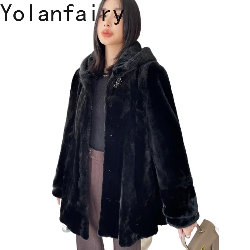 

YOLANFAIRY Top Quality Whole Mink Natural Black Fur Coat with Hood Women's Clothes Winter 12-wave Real Fur Coats Woman Jacket
