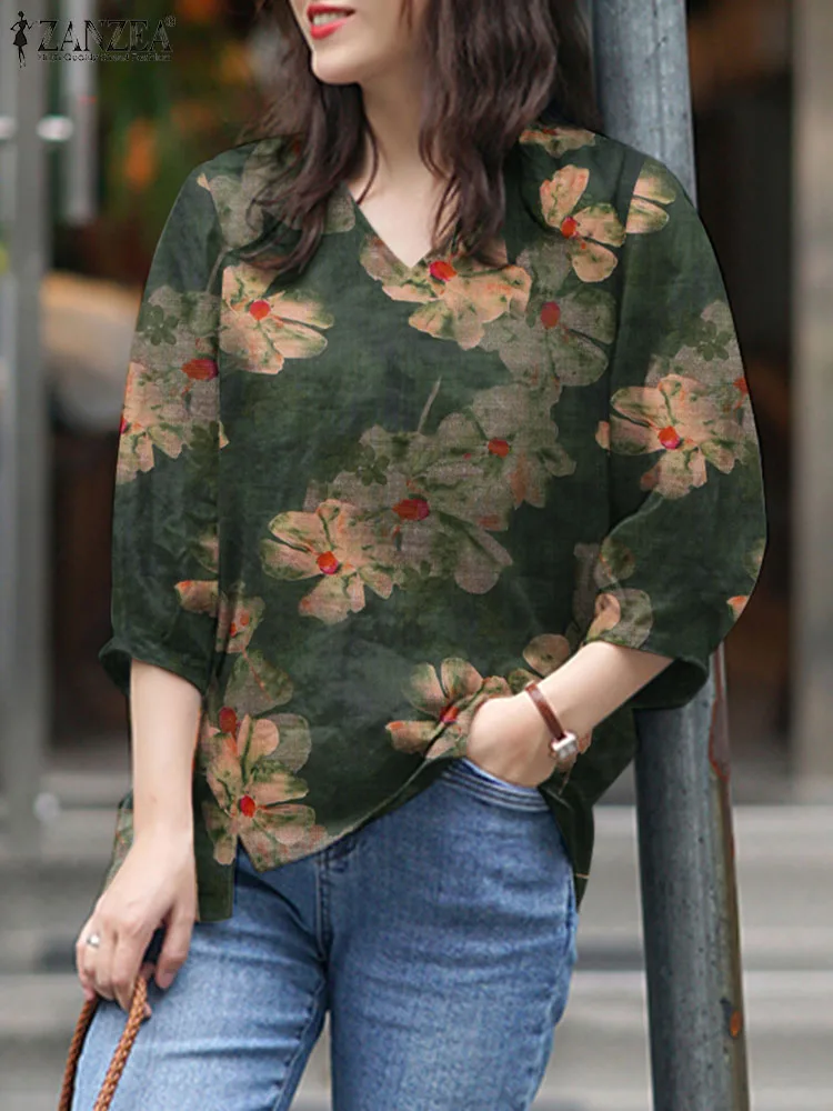 ZANZEA Fashion Women V Neck 3/4 Sleeve Blouse Spring Floral Printed Party Tops Casual Elegant Work Shirt Femininas Blusas Mujer