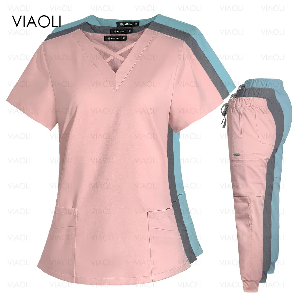 High Quality Uniforme Medical Nurse Uniforms Scrubs Set Women's Modern V-Neck Top Pockets Pant Hospital Doctor Surgical Workwear