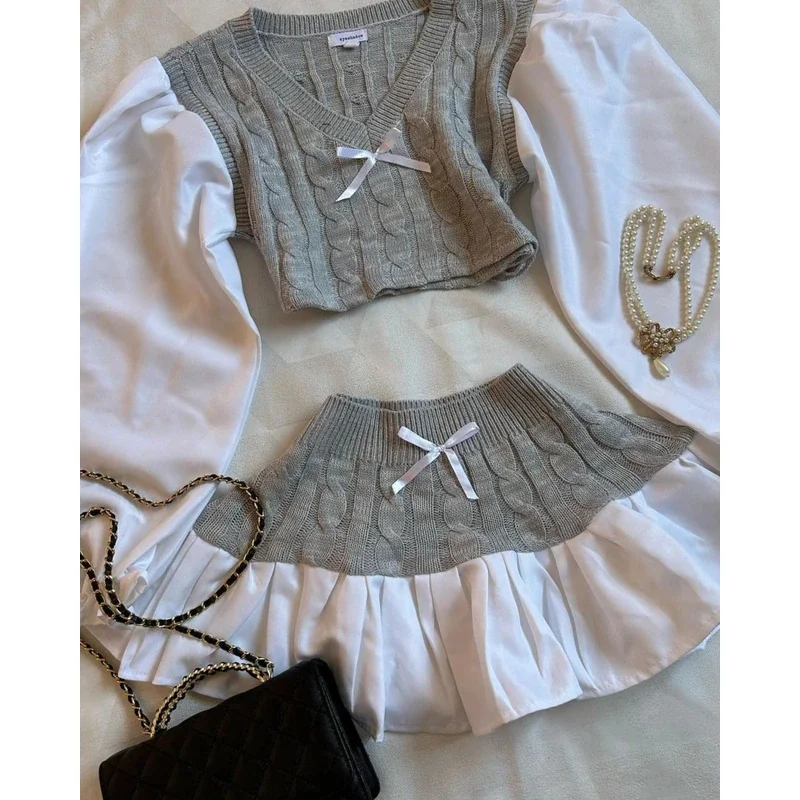 2025 Y2k بدلة تنورة جديدة Harajuku موضة قطعتين مجموعة المرأة القوس محبوك بأكمام طويلة البلوز Kawaii مثير Mini Sk eqs9X