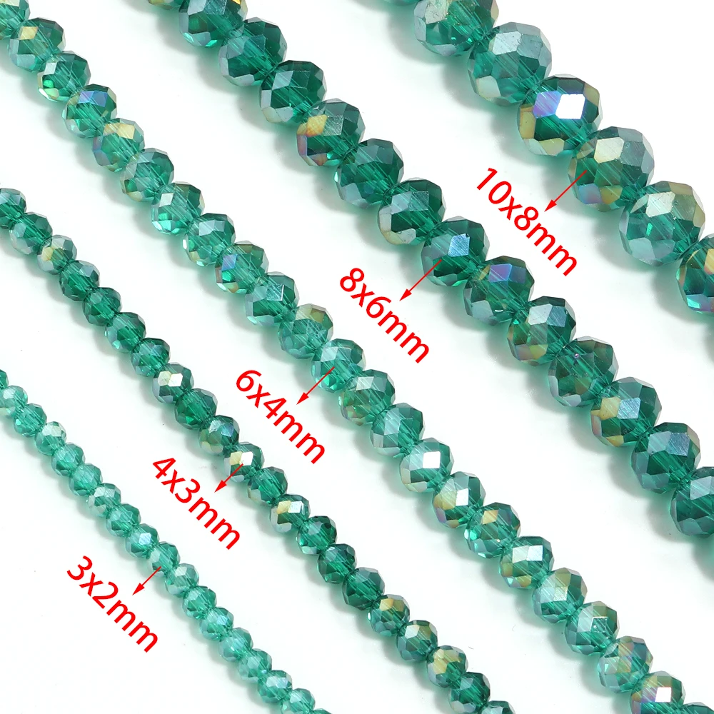 1 Strand 3 4 6 8 10mm Faceted Crystal Beads Peacock Green Rondelle Flat Glass Loose Spacer Beads For Jewelry Making DIY Necklace