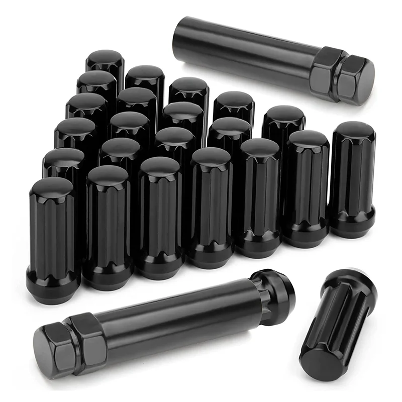 

M14X1.5 Wheel Lug Nuts, 24 Pieces 14Mmx1.5 7 Spline Drive Awl Acorn Cone Lug Nuts 2Inch Long Black with 2 Socket Key