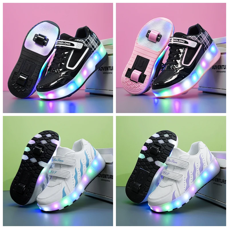 Fashion Boy Girl Roller Skates Shoes With 2 Wheels Kids LED Light Flashing Sneaker Children's Running Sports Walking Shoes 29-41