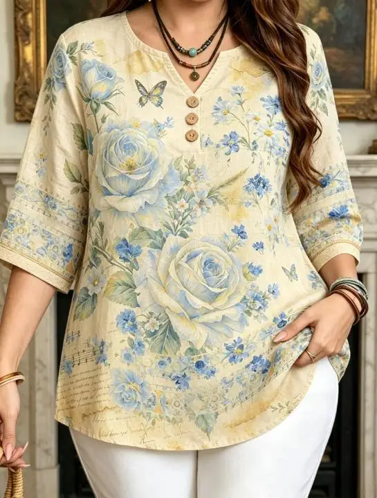 Vintage Floral Music Note Ethnic Border Women Blouse 3/4 Sleeve Notch V Neck Decor Button Casual Daily Tops