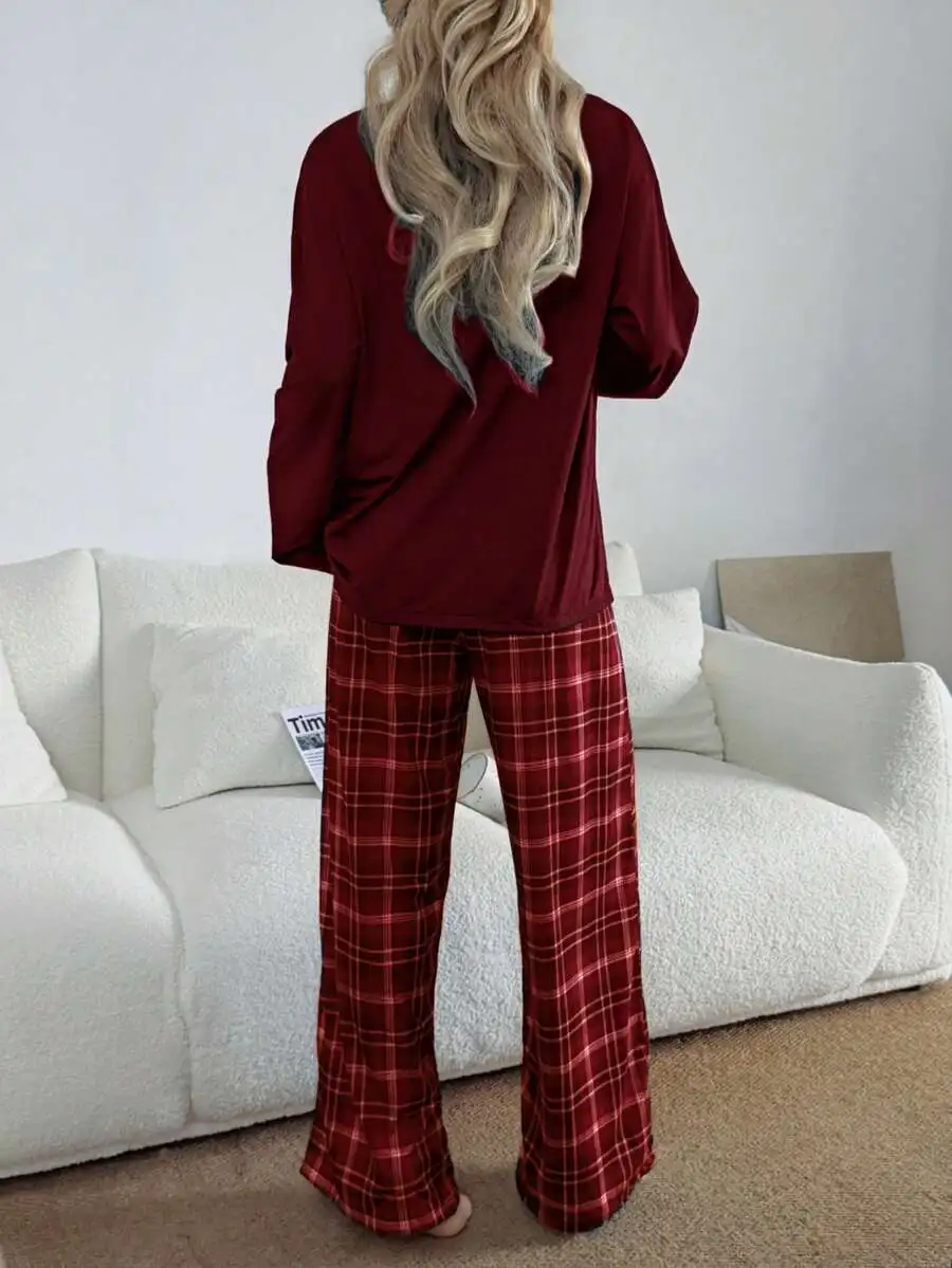 

Womens Casual Loose Plaid Print Pajama Set