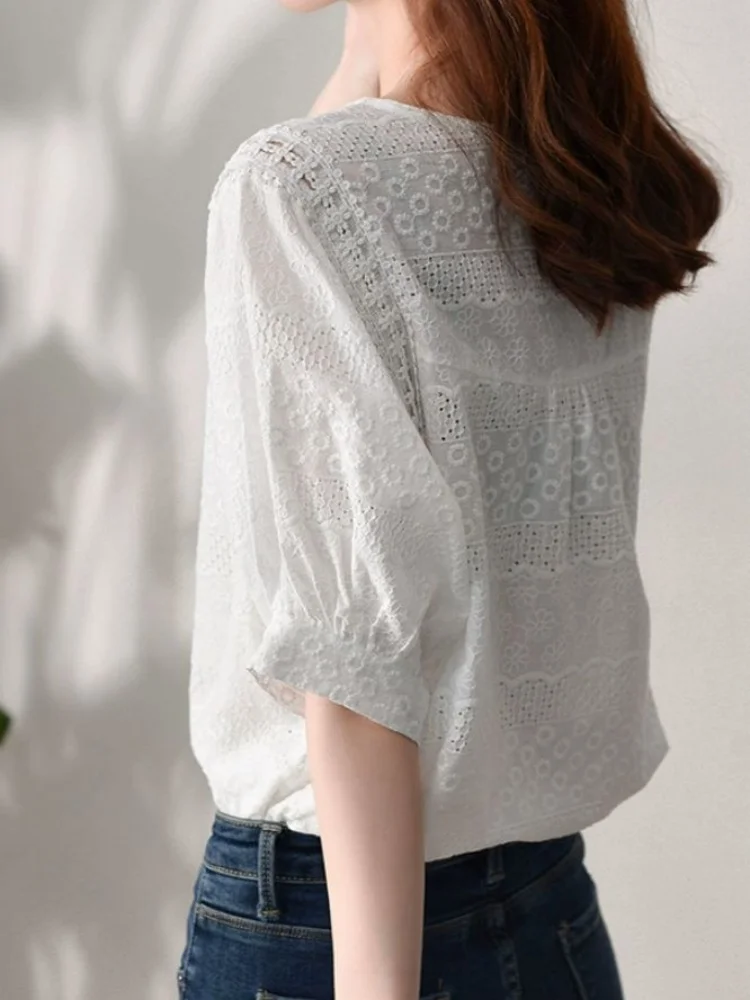 Summer Hlaf Sleeve Embroidery Women Blouses Elegant Casual Cotton White Shirts O-neck Top Fashion