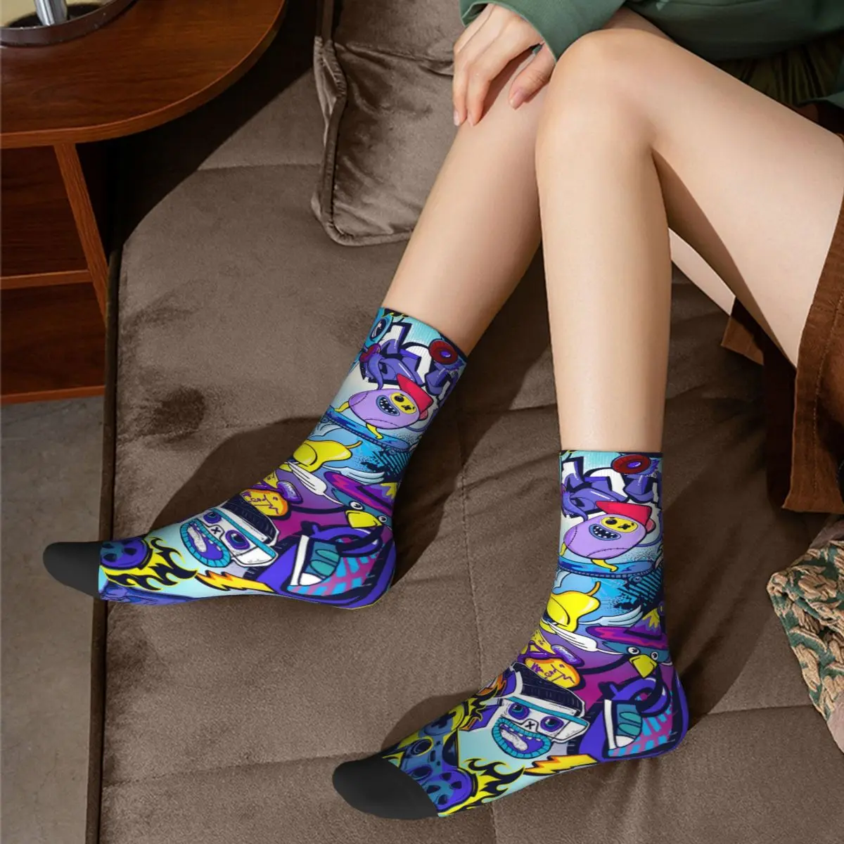 Crazy Sock for Men Comics Monsters Pattern Colorful Street Art Vintage Graffiti Art Pattern Pattern Printed Crew Sock