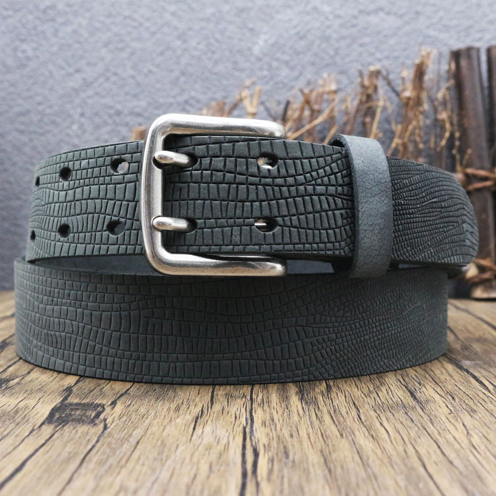 Vintage Lizard Grain Full Grain Leather Belt for Men, Textured Embossed Real Cowhide Belt, Heavy Duty Retro Casual Leather Belt