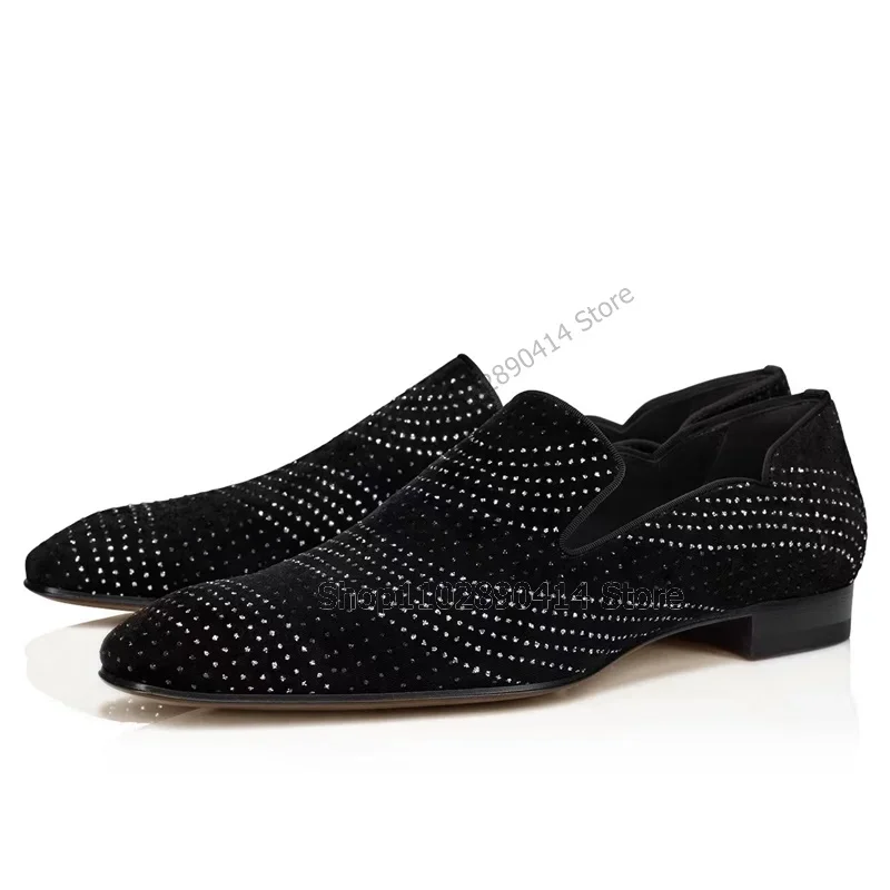 

Silver Rhinestone Decor Black Loafers Fashion Slip On Men Casual Shoes Luxurious Handmade Party Banquet Office Men Dress Shoes