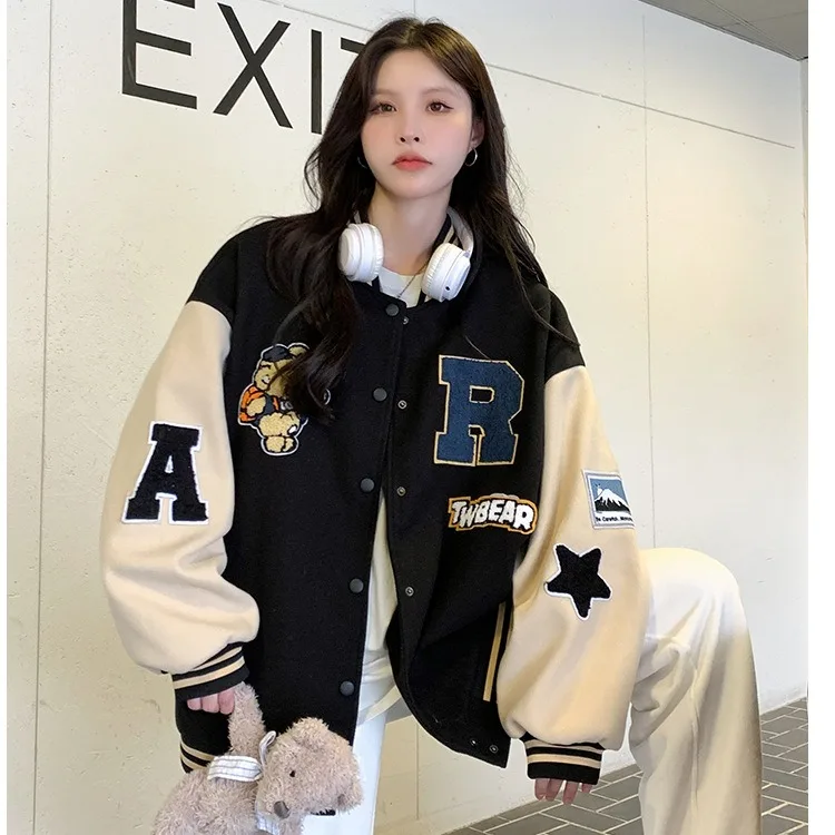 New Autumn and Winter Padded Baseball Jersey Women American Retro Loose Sweater Women Jacket