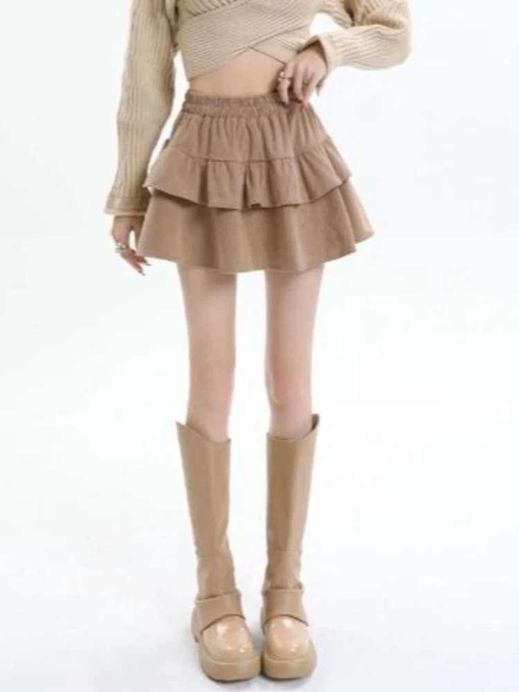 Fashion Solid Color Corduroy Women Skirt 2026 Faldas Mujer Ruffled Sweet Korean Jume High Waist Sspring Saia A-line Mini Skirts