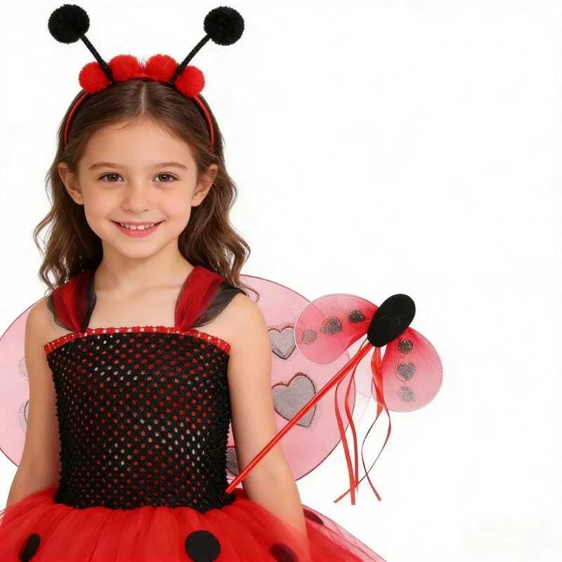 Baby Girls Lady Beetle Ballet Tutu Dress with Wings Set Kids New Year Fairy Tutus Children Ladybirds Halloween Christmas Costume