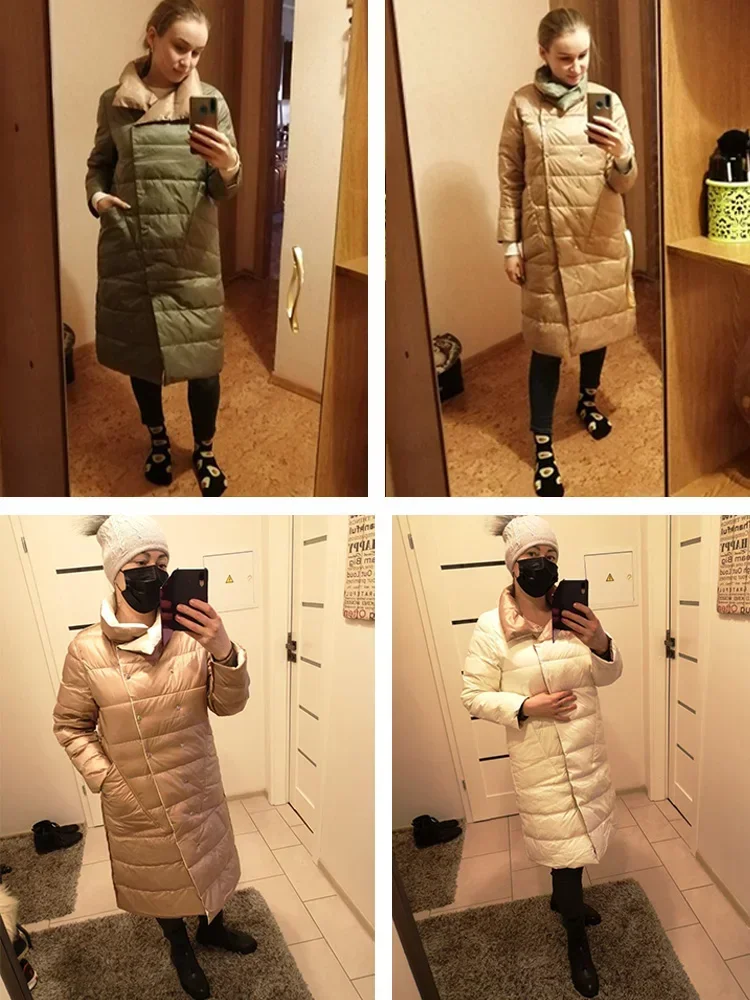 冬スタンドカラーホワイトダックダウンロングジャケットダブルブレスト暖かい雪パーカー両面ダウンコートオーブコート JJ556