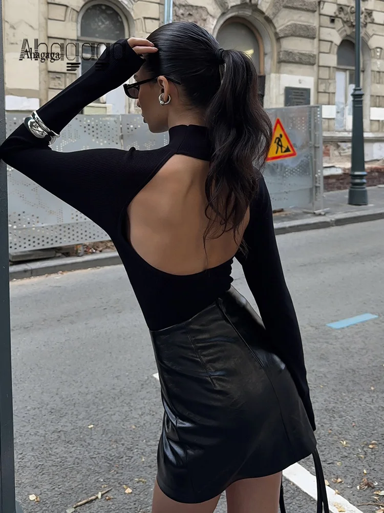 Ahagaga sexy bodysuits femininos gola alta regular mangas compridas oco para fora magro bainha basci casual feminino camisetas macacão fino