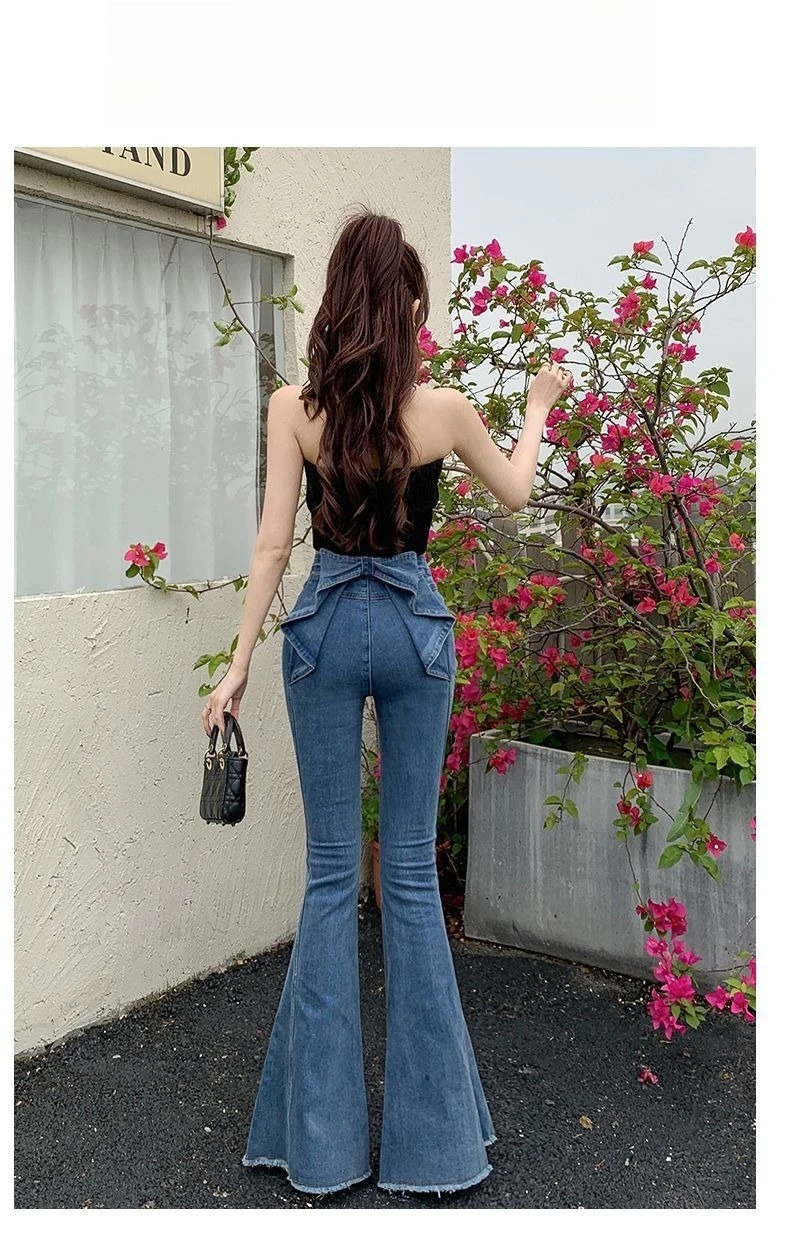Bow Tie Jeans Women's American Vintage Three-dimensional Micro-large Summer Thin Pants New High-waisted Skinny Hip Flare Pants