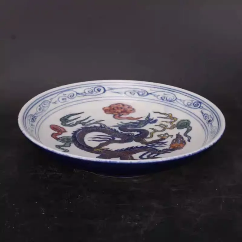 Chinese Blue and White Doucai Porcelain Plate Ming Yongle Dragon Pattern 6.89