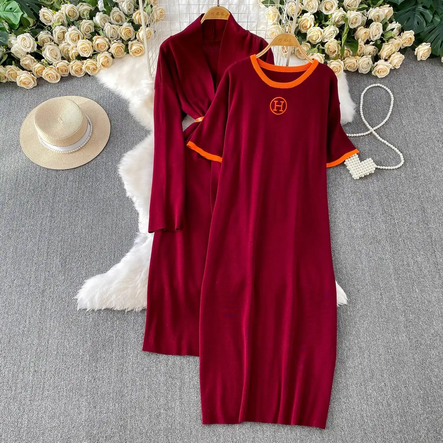 

ALPHALMODA 2025 Autumn, New In,Women Two Piece Outfits, Long-Sleeved, Long Outfit, Short-Sleeved Sweater Dress, 2Pcs Suit