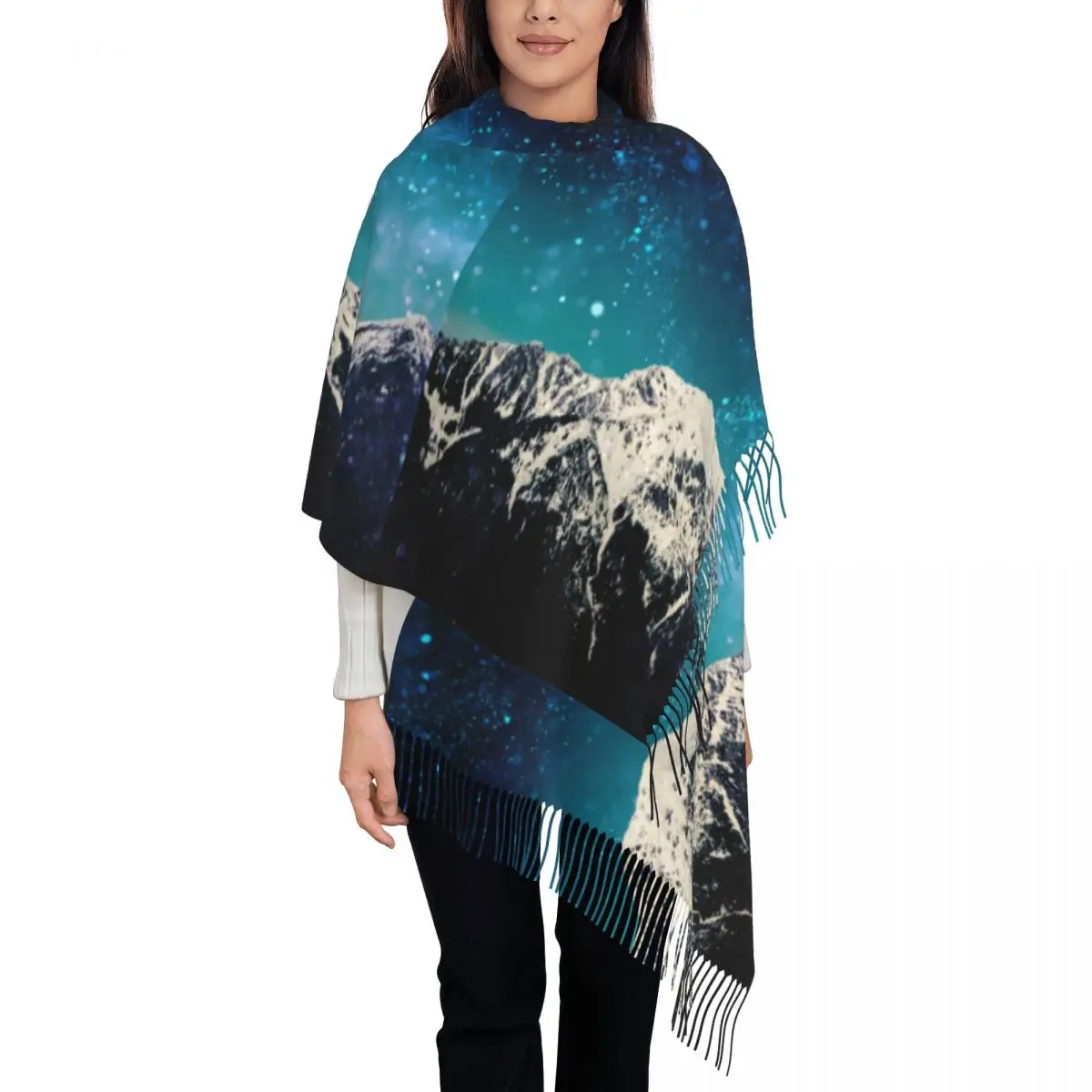 Dreamy Starry Scarf Galaxy Mountain Warm Shawls and Wrap with Long Tassel Women Luxury Brand Scarves Wraps Winter Custom Bandana