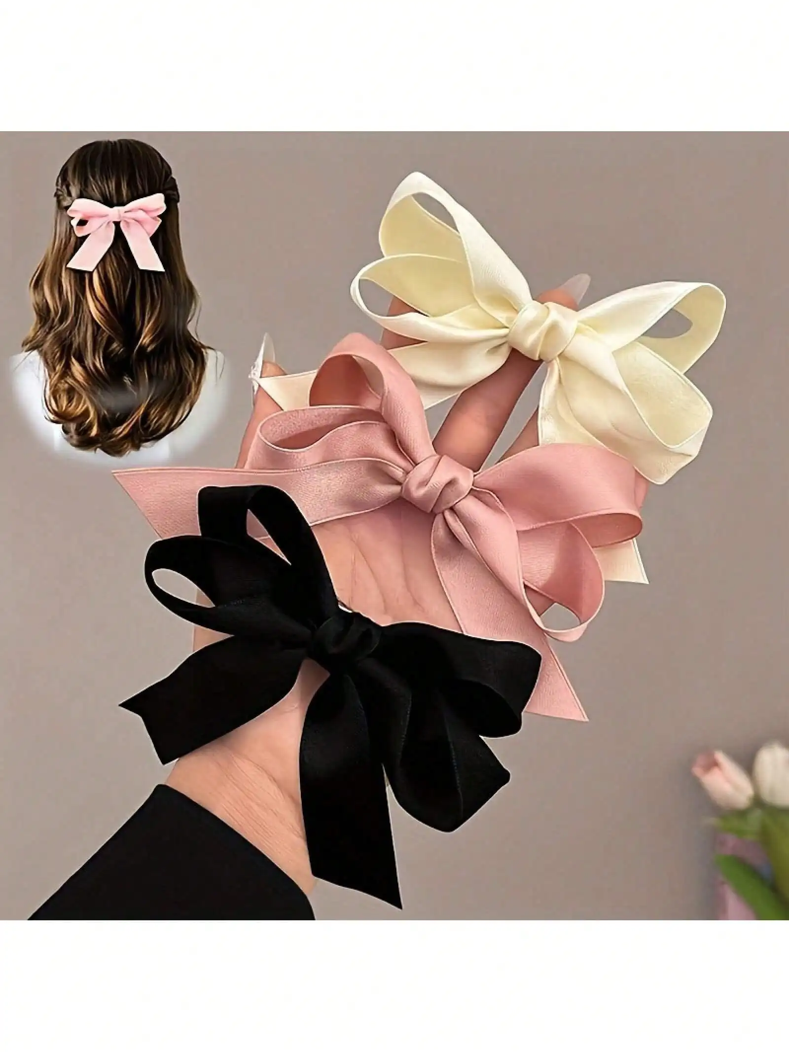 

3-Pack Satin Bow Hair Clips in Pink, Cream & Black for Women and Girls