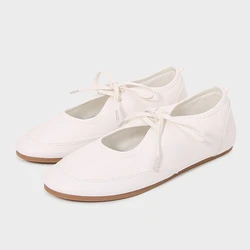 Soft Leather Casual Women Ballet Flats Lace Up Fashion Design White Black Female Mary Jane Shoes New 2025 Autumn Footwear