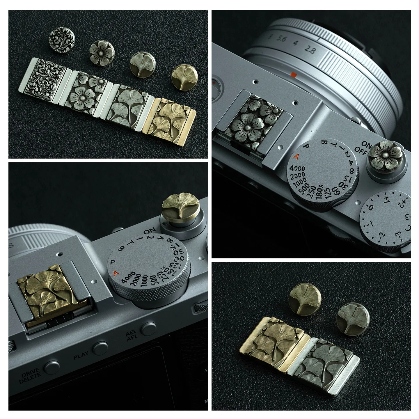 Brass Apricot Leaf Series Hot Shoe Cover with Shutter Button Cap for Canon Nikon Sony Fuji Leica ZF DSLR Mirrorless Accessories