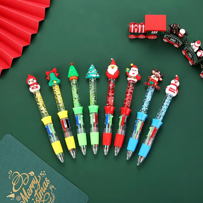 

GEWENSI 4Pcs/Lot Cute Christmas Quicksand Four-color Ballpoint Pen Student Colored Oil Pen Christmas Gift School Stationery Gift