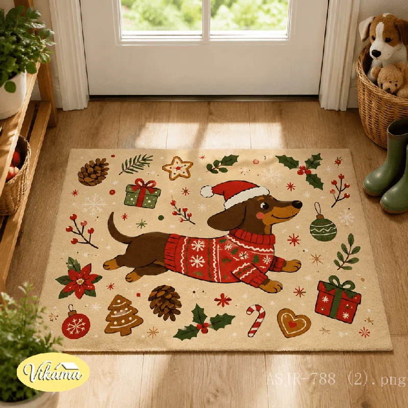 VIKAMA Cute Santa Sausage Dog Entrance Rug Water Absorbent Door Mat for Kitchen Bathroom Indoor Home Decoration