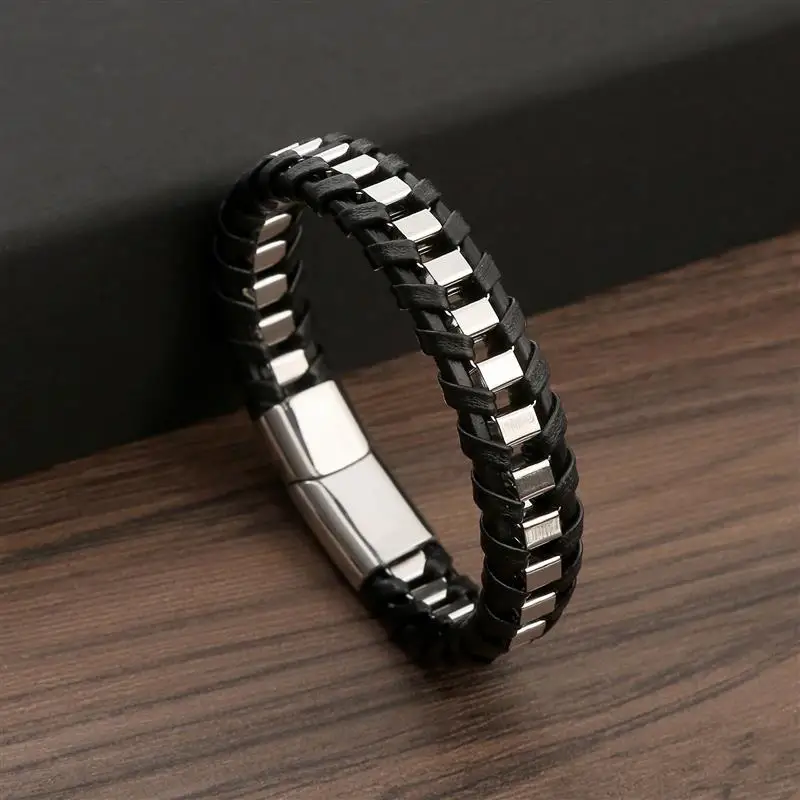 Jiayiqi Punk Men Jewelry Black Braided Leather Bracelet Stainless Steel Magnetic Clasp Fashion Bangles Wholesale Customize