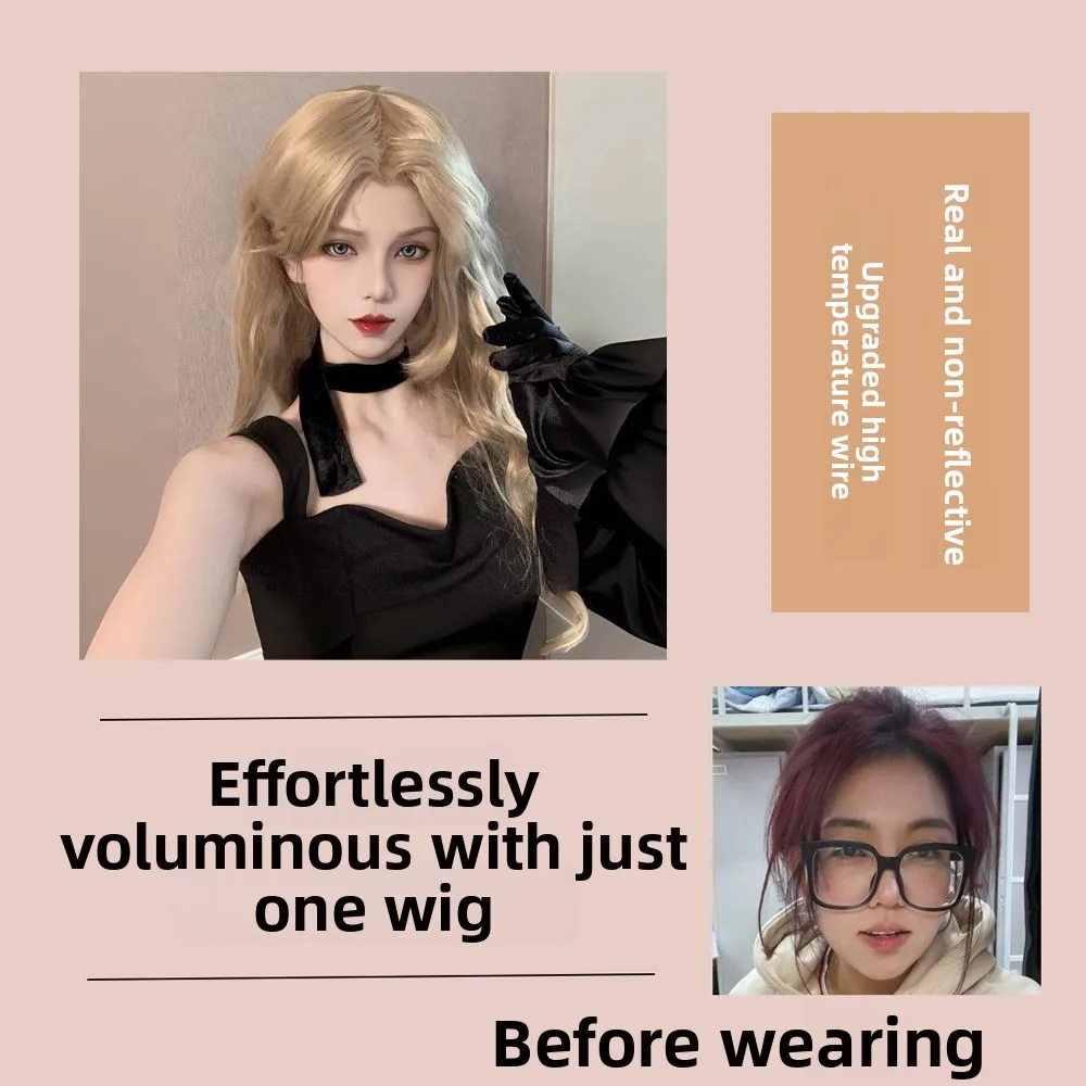 Belmod Cos شعر مستعار أنثى ذهبي فاتح طويل مجعد الشعر محاكاة فروة الرأس موجات كبيرة المحقق الشهير كونان غطاء محرك السيارة الكامل #4