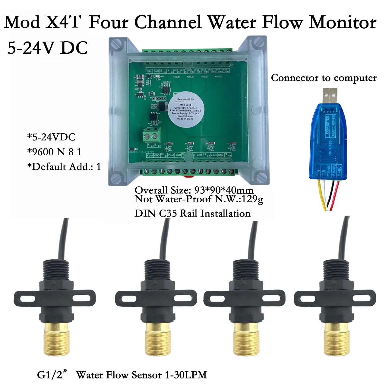 5-24V DC Flow Sensor Pulse Singal to RS485 Output Module Mod X4T iSentrol Technology and 4 Flow Sensor USN-HS21TA