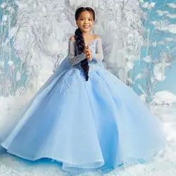 Frozen Ice Queen Girl Pageant Dress Customized Flower Girls Dresses Princess Aisha Light Sky Blue Kids Party Baby Birthday Gowns