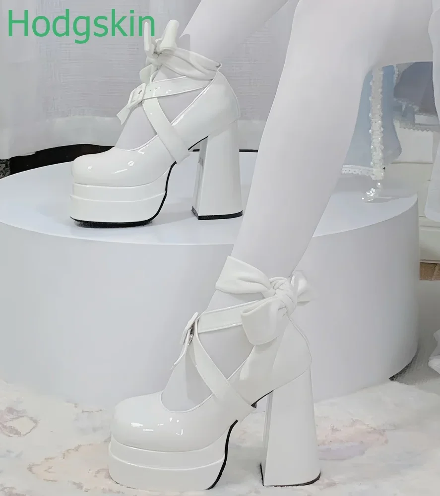 Shallow Platform Chunky Heel Wedding Women Shoes Round Toe Satin Square High Heels Winding Cross-strap Belt Bukle Sandals