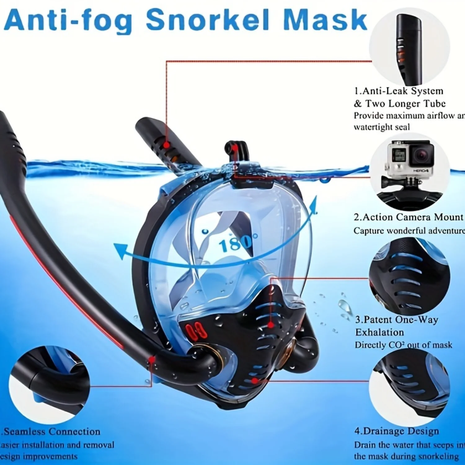 

1pc Full Face Snorkel Mask with 180° Panoramic HD View | Adult Snorkeling Equipment for Clear Underwater Vision