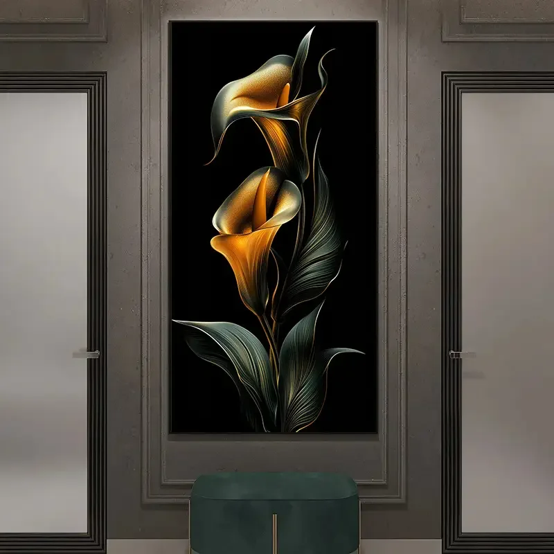 1 قطعة 27.56x55.12in فرملس الحديثة مجردة الذهبي زنابق الكالا قماش جدار الفن-خلفية سوداء مع الأصفر الذهبي والداكن Bro