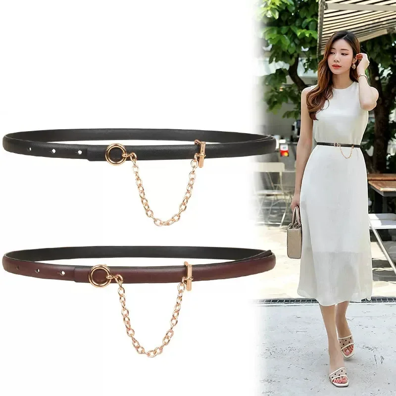 

Trendy Women Thin Belt with Round Buckle Metal Chain Genuine Leather Waist Belt Chain Black Decorative for Jeans Skirt Adjust