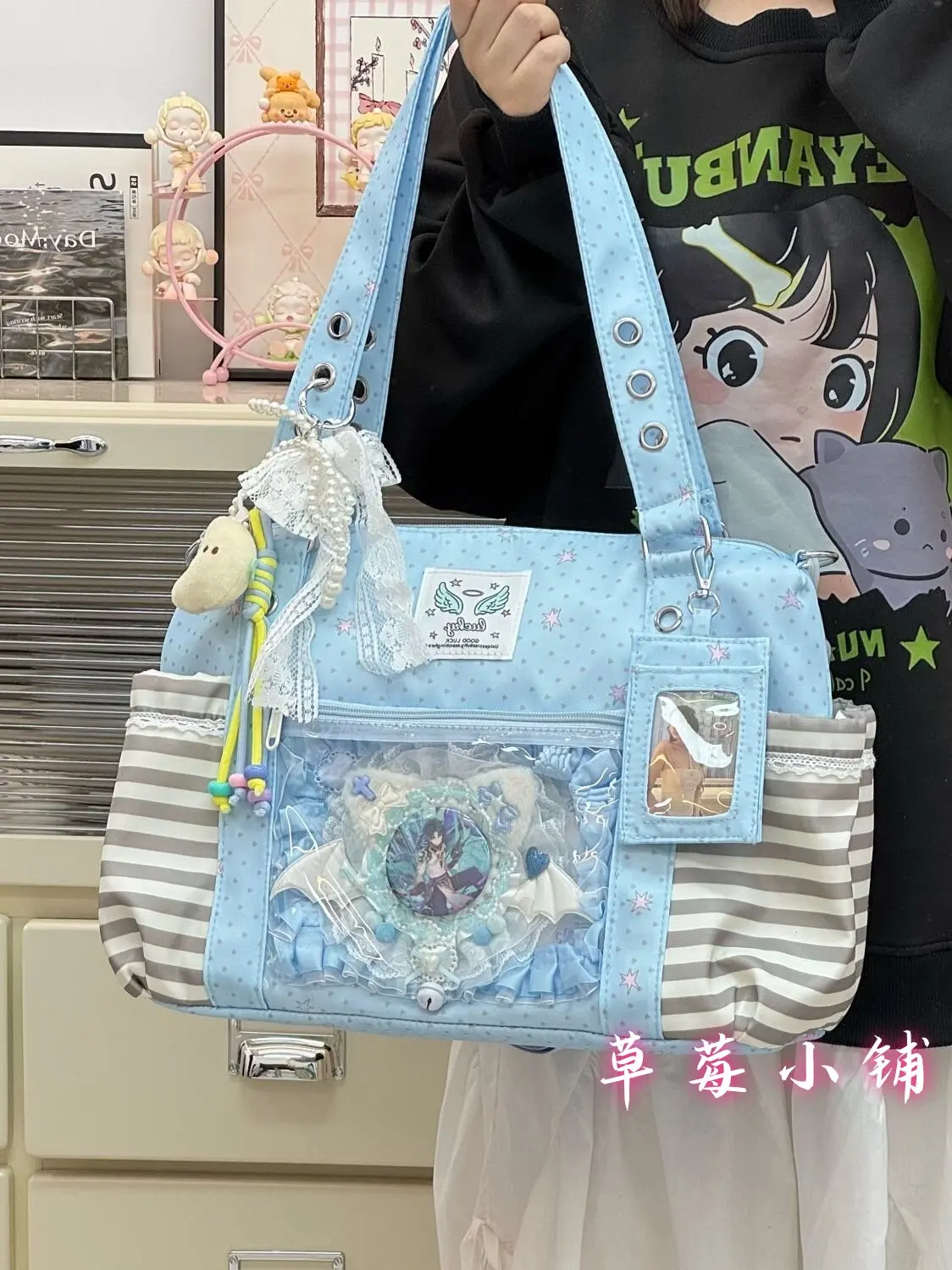 Striped White Dot Y2k Shoulder Bag Transparent Jk Ballet Girls Japanese Itabag High Capacity College Style Crossbody Bag Women
