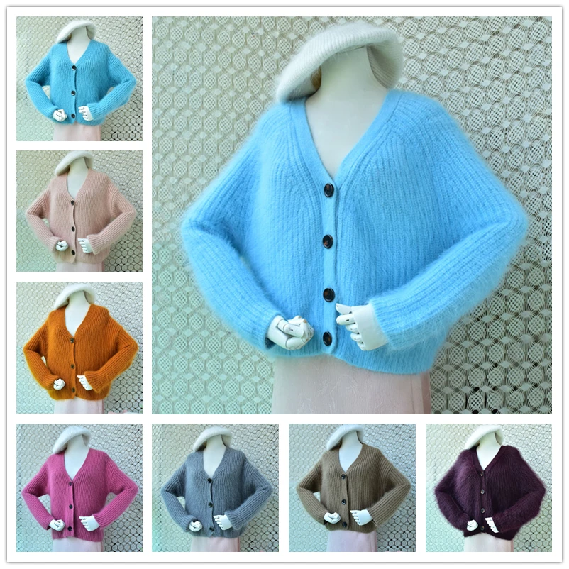 Women Mujer Autumn Winter Fashion Gray Mink Cashmere Knitted Long Lantern Sleeves Loose Cardigans Mantle Sweater Angora Coat Top