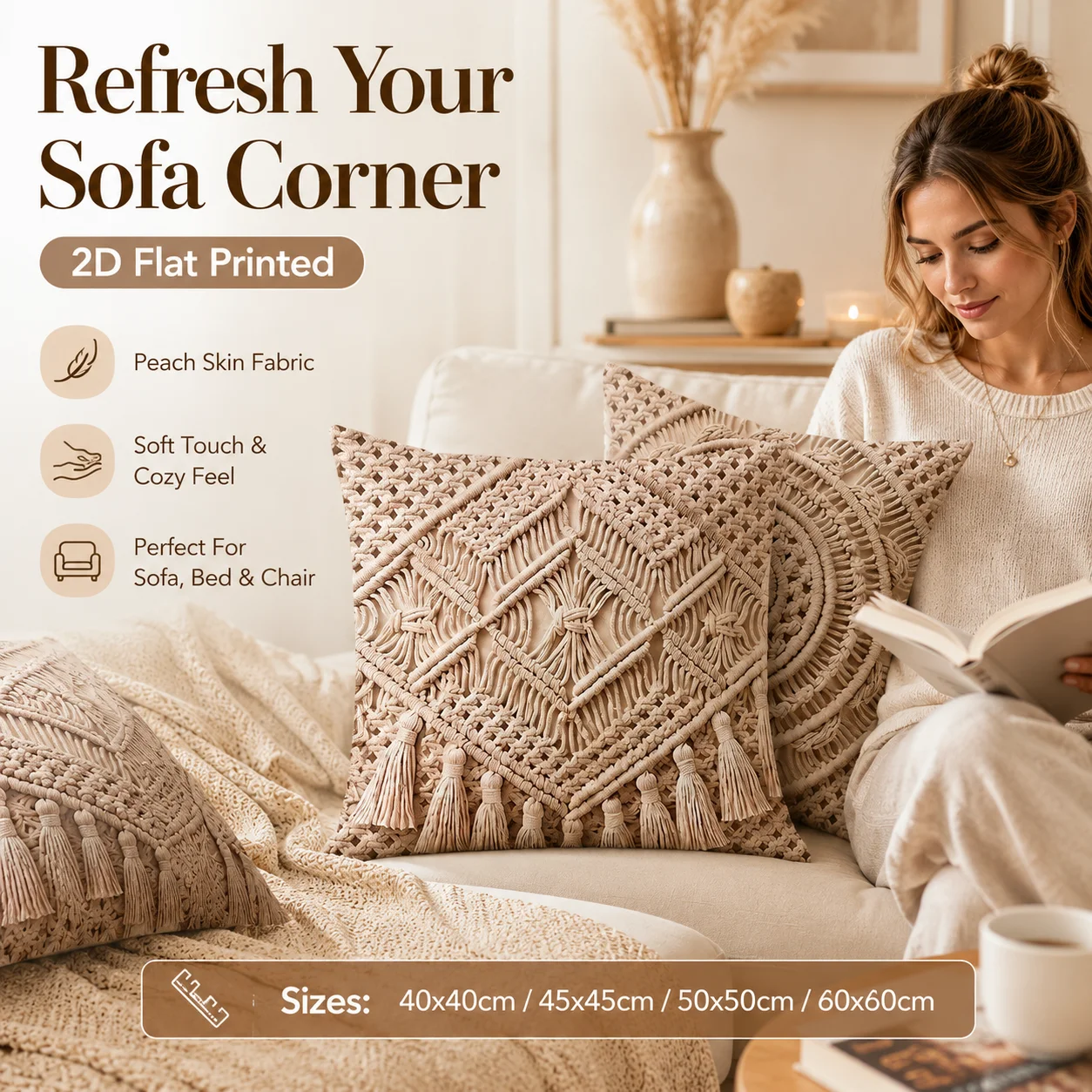 Geometric Macrame Print Pillowcase 2D Flat Printed Peach Skin Throw Pillow Cover Couch Bed Home Decor Boho Style Cushion Case