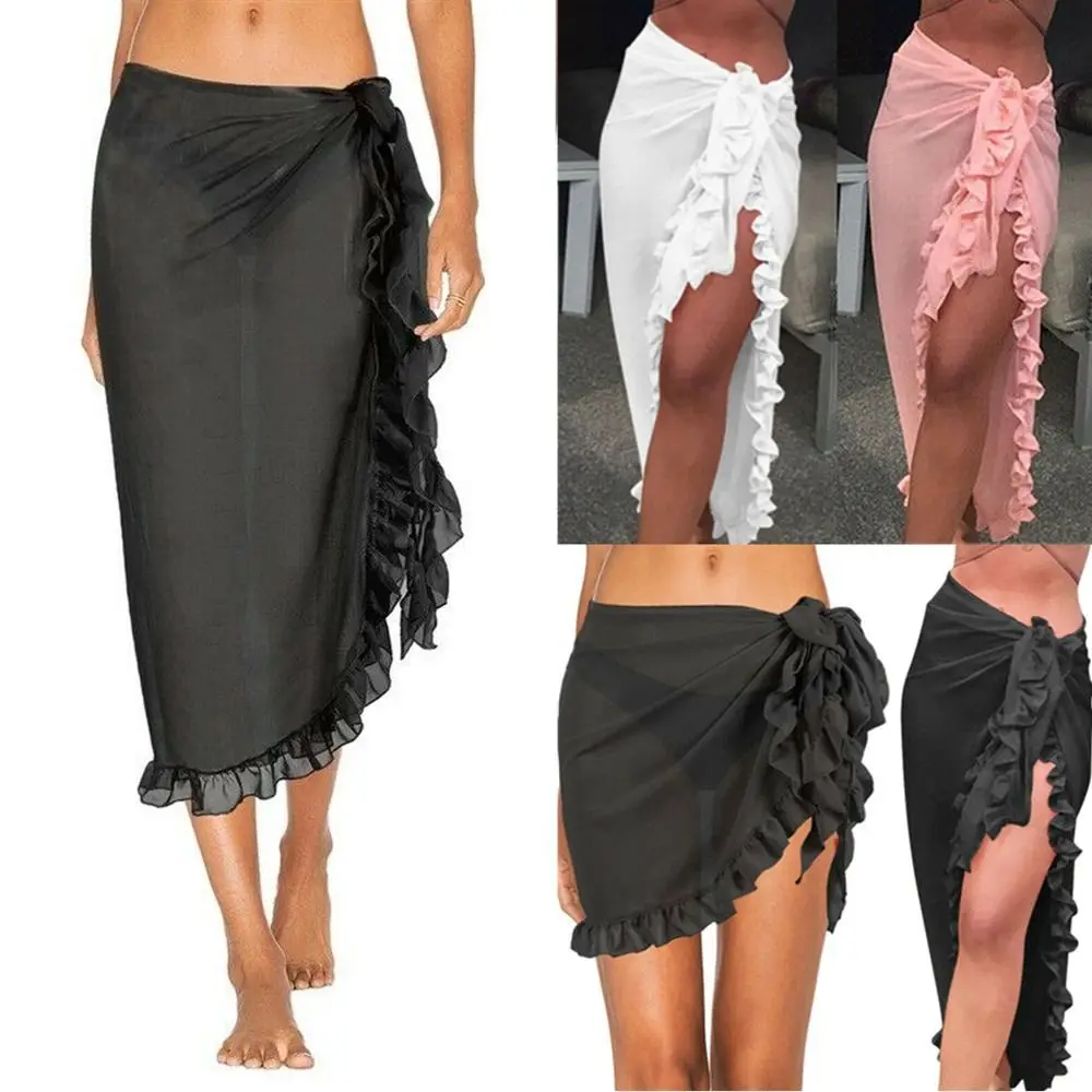 Bikini Cover Ruffle Design Sarong Solid Color Chiffon Material Beach Dress Long Length Sheer Fabric Wrap Skirt Summer Season
