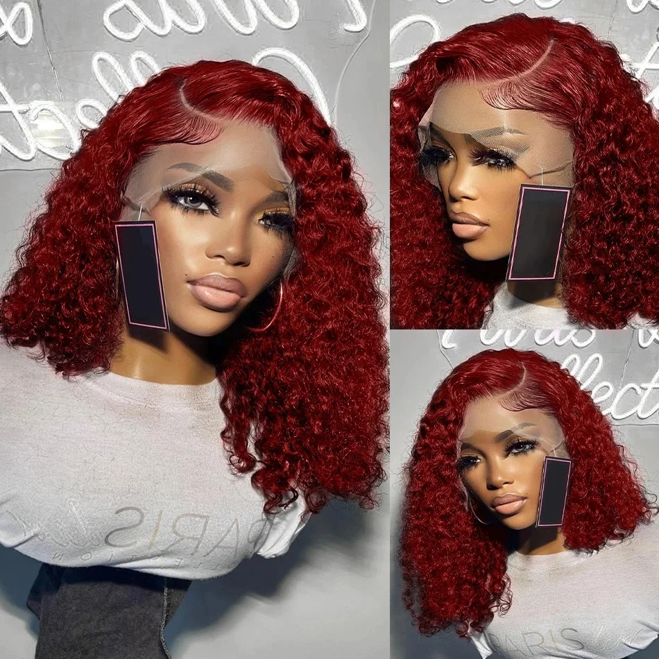 Perruque Bob Lace Wig Naturelle Bouclée, Cheveux Courts, Rouge Bordeaux, 99J, 13x4, Pre-Plucked, Densité 180, pour Femme