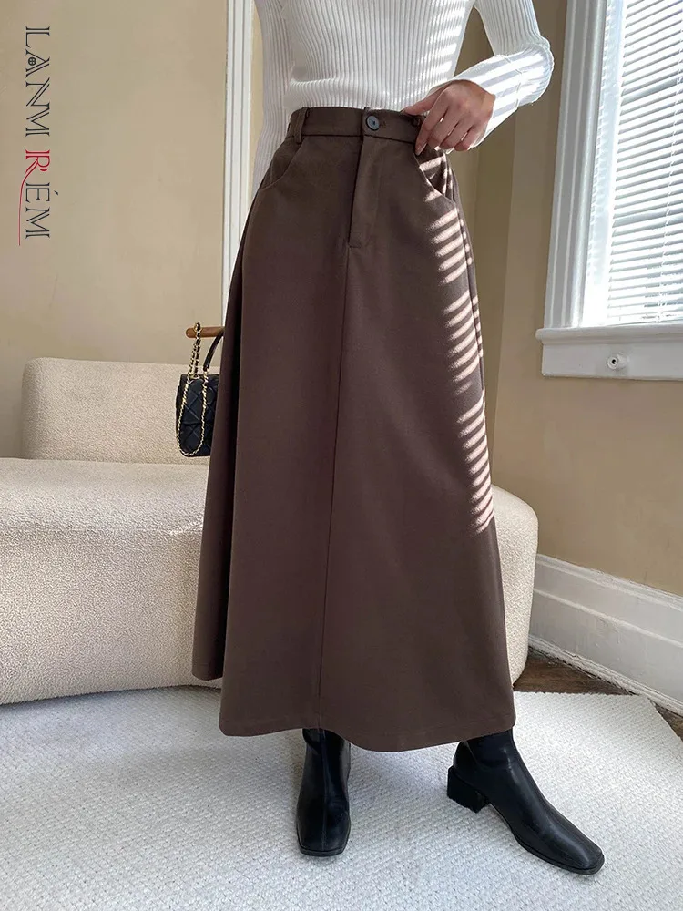 

[LANMREM] Office Lady A-line Woolen Skirt Women's Elastic High Waist Solid Color Minimalsim Skirts 2024 Winter New Female