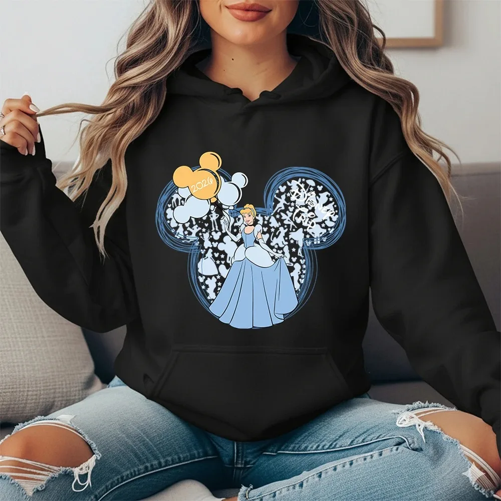 

Женская толстовка с принтом Disney Cinderella Trip 2026, на флисовой подкладке, теплая зимняя толстовка, уютная осенняя одежда, повседневная одежда