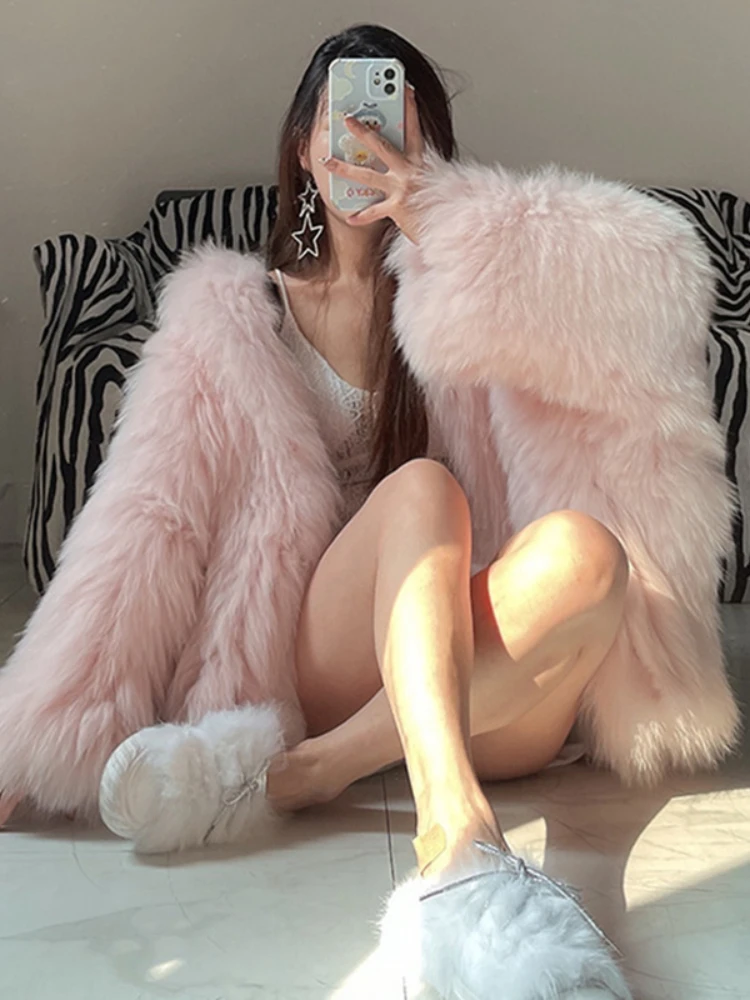 Simulation Fox Fur Double-Sided Woven Fur Coat For Women 2024 Winter New Fashion Thick Dense Warm Hooded False Fur Coat Female