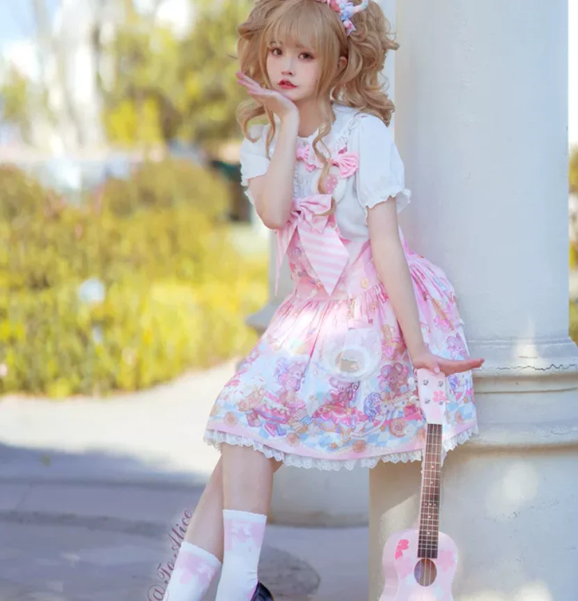 Sweet Pink Elegant Lolita Print Square Neck Low Waist Strap Dress Fashion High Waist A-line Versatile Age Reduction Fun Dresses