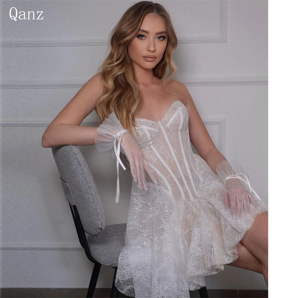 Qanz gaun pernikahan berpayet berkilau gaun pengantin Mini Sweetheart renda applique Robe De Mariage korset ukuran Plus acara khusus