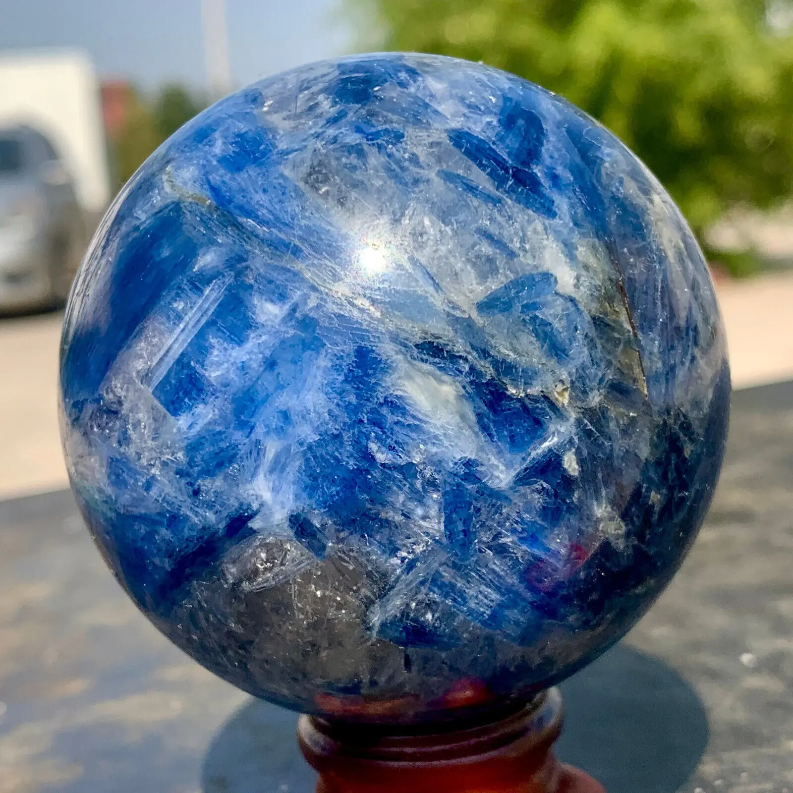 Natural Blue KYANITE with Quartz Crystal Glossy Sphere Ball Specimen Healing