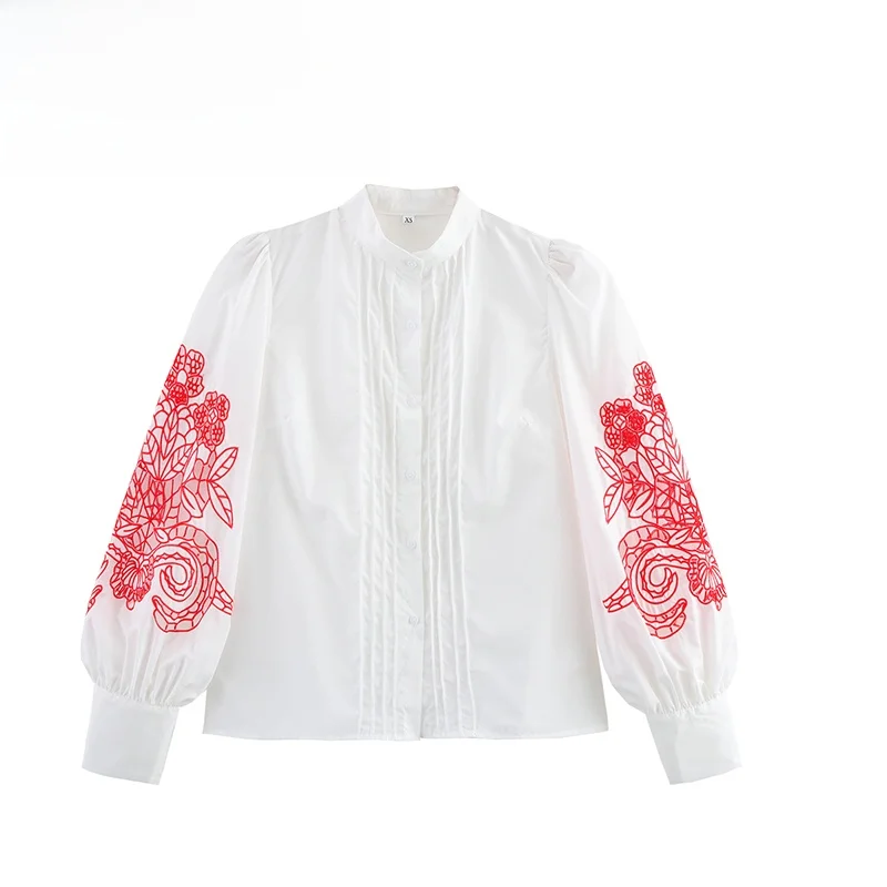 

ZBZA Spring New Women's Faion Design Embroidered Hollow out irt Casual Loose Long Sve Stand Collar Polyester Fiber